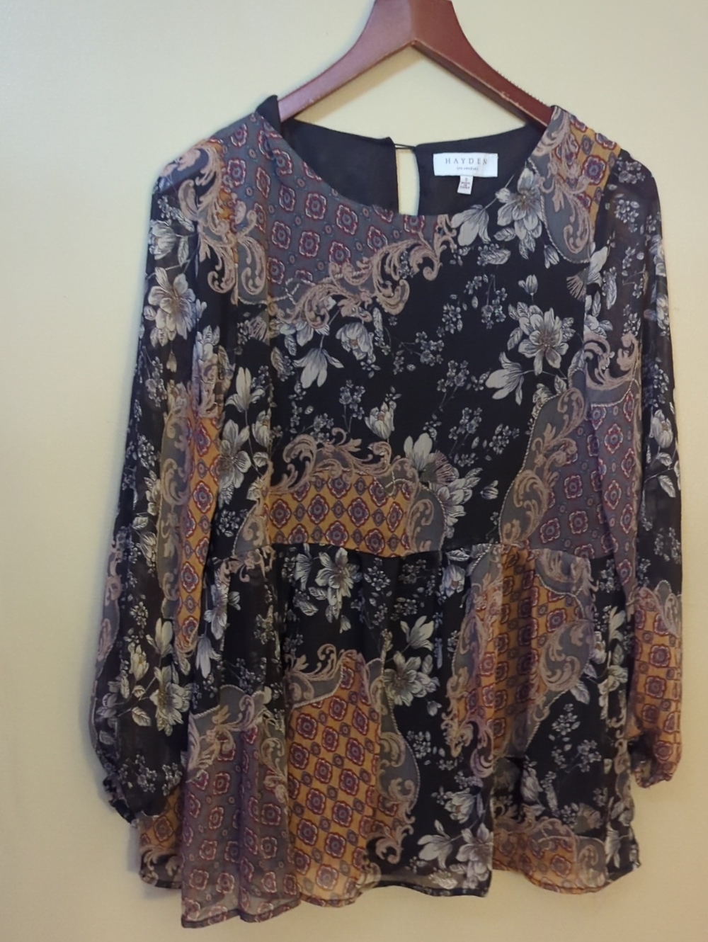 Hayden Black Floral Paisley Tiered Long-Sleeve Tunic